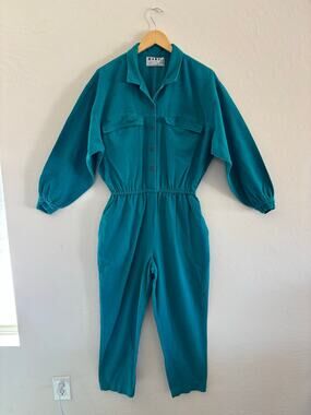 Vintage 1980s Hari Casuals Utility Jumpsuit Teal Women Large Made in USA Organic